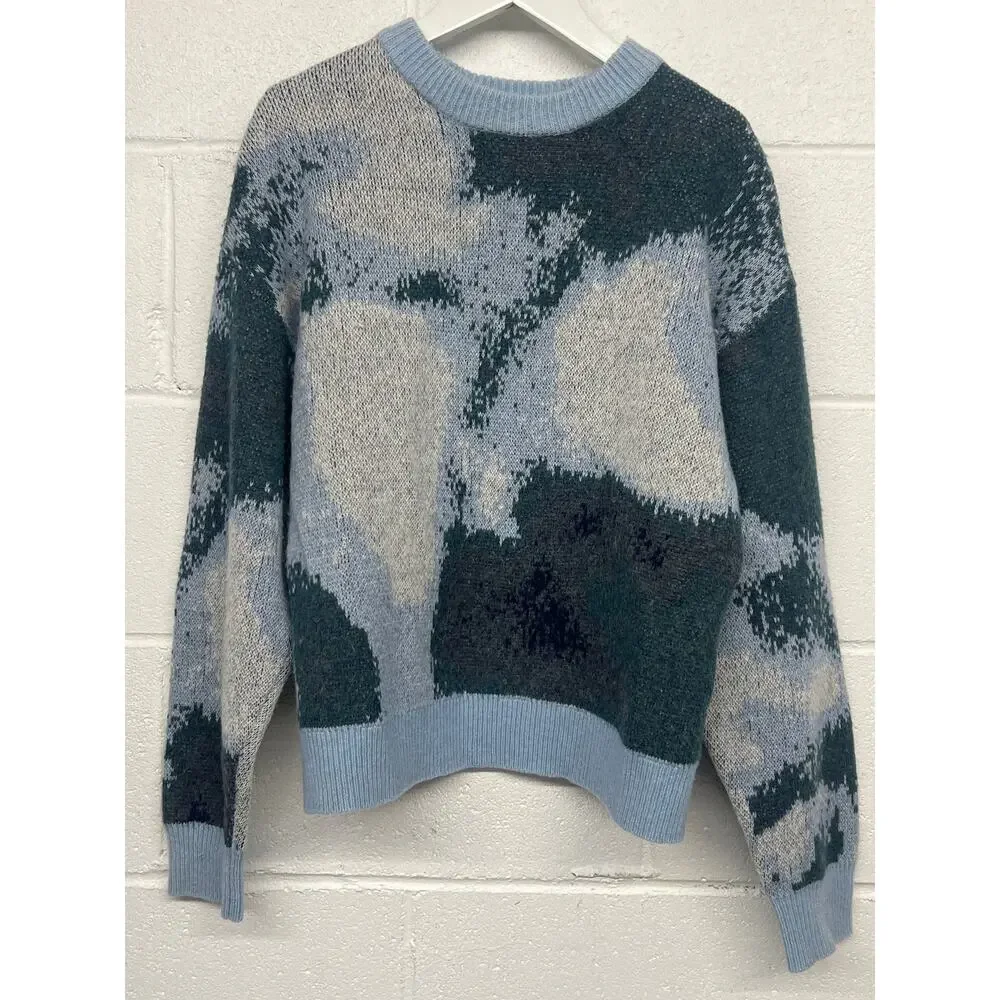 The Kooples Sz 1/Small Blue Green Colorblock Abstract Crewneck Wool Sweater